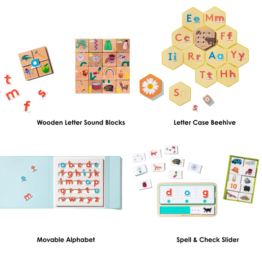 Reading for 4-5 Yrs Old: Wooden Letter Sound Blocks, Letter Case Beehive, Movable Alphabet & Spell & Check Slider